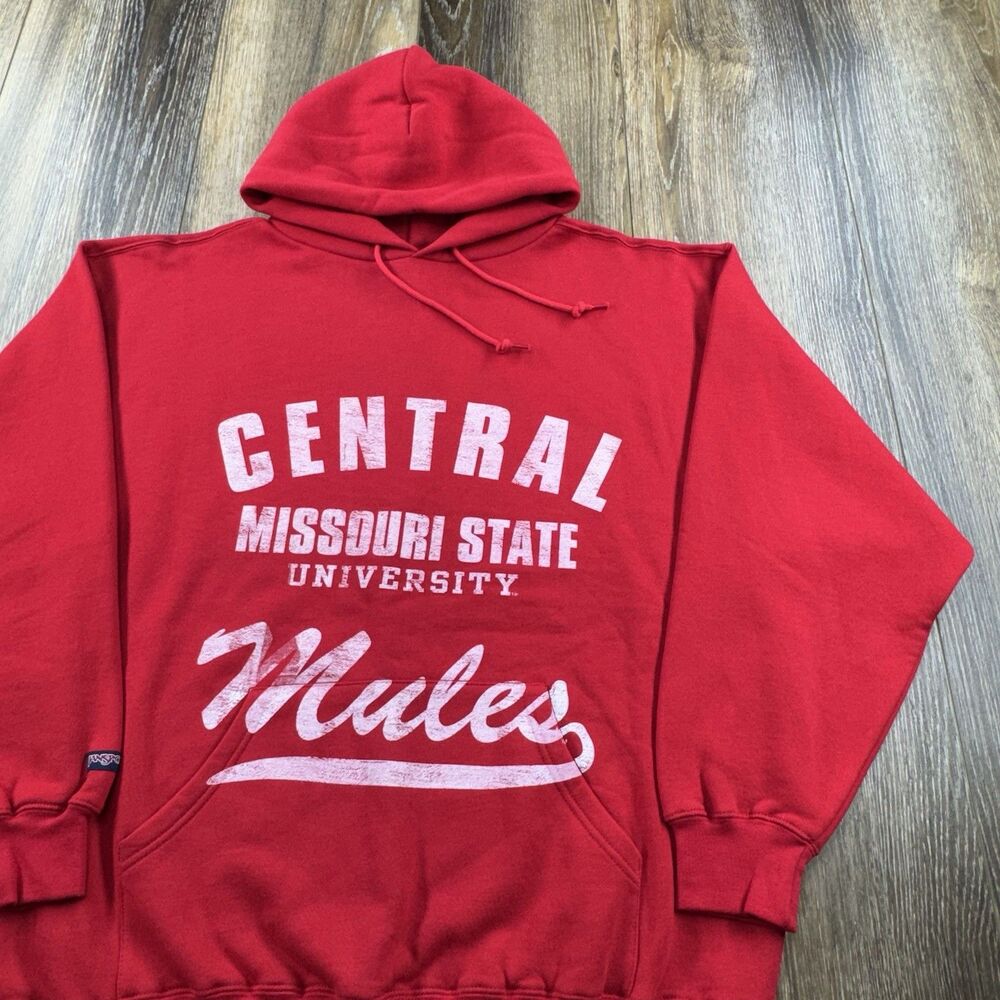 Vintage Central Missouri Mules Hoodie Mens XL Red Sweatshirt Team Student Y2K